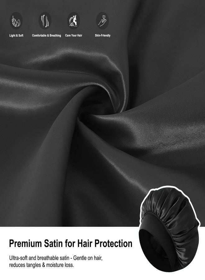 ZHENSILK 3PCS Silk Sleep Bonnet for Women, Large Satin Hair Caps with Elastic Band, Curly Hair Wrap for Sleeping, Frizz Protection (Black*3) - Image 3